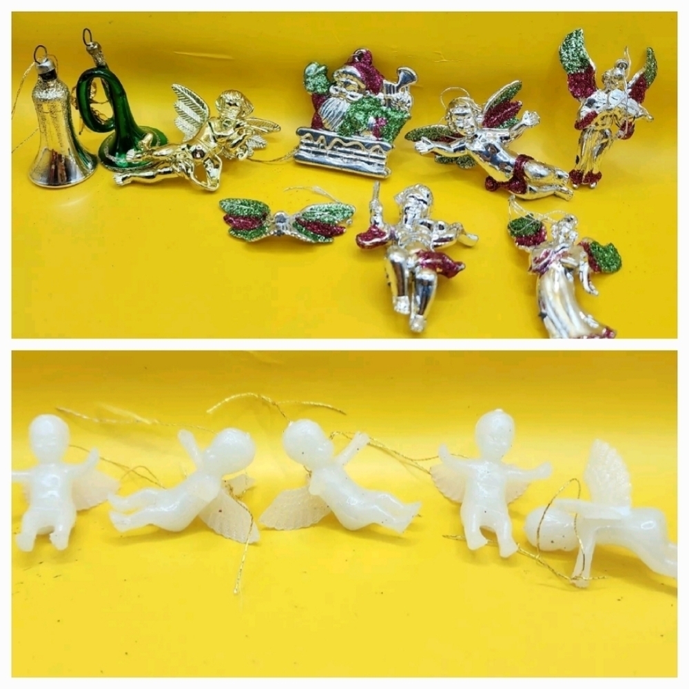 14 Mini Christmas Ornaments Cherub Angels Santa Plastic Silver Red Green